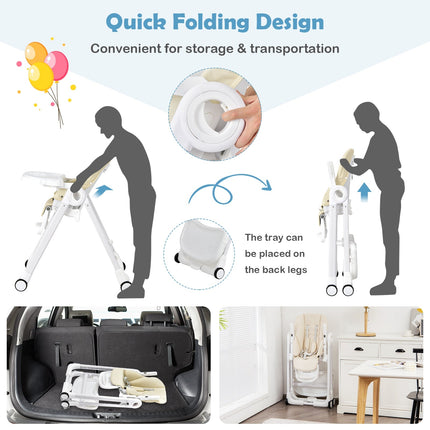 Baby Folding Convertible High Chair with Wheels and Adjustable Height
