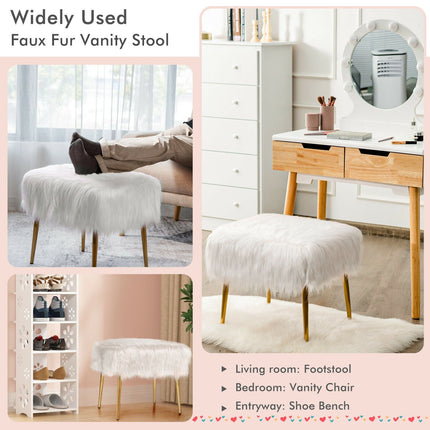 Faux Fur Vanity Stool with Golden Metal Legs for Makeup Room