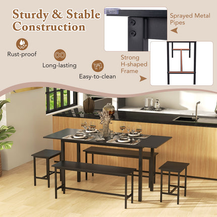 5 Piece Dining Table Set for 4-6 with 2 Benches & 2 Stools for Kitchen Dining Room