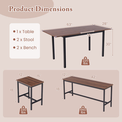 5 Piece Dining Table Set for 4-6 with 2 Benches & 2 Stools for Kitchen Dining Room