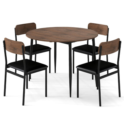 5-Piece Round Kitchen Table Set with Drop Leaf Tabletop and 4 Upholstered Dining Chairs-Brown