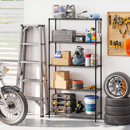 5-Tier Metal Storage Shelving Unit with V-Shaped Wire Rack and 1250 LBS Capacity-Black