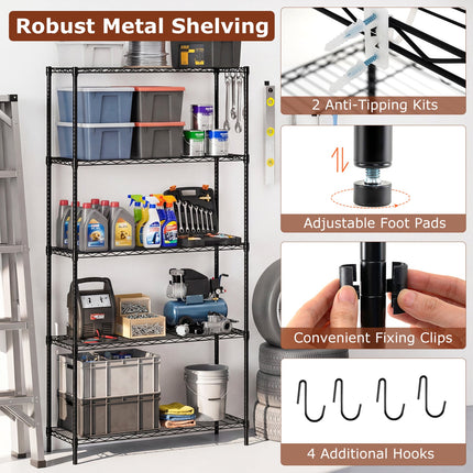 5-Tier Metal Storage Shelving Unit with V-Shaped Wire Rack and 1250 LBS Capacity-Black