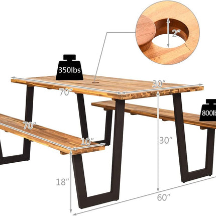 Patented 70 Inch Dining Table Set with Seats and Umbrella Hole