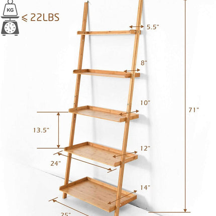 5-Tier Ladder Shelf Bamboo Bookshelf Wall-Leaning Storage Display Plant Stand-Natural
