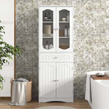 63 Inch Tall Bathroom Storage Cabinet with 2 Glass Doors and Adjustable Shelves Drawer