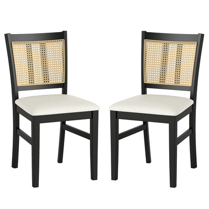Farmhouse Rattan Dining Chair Set of 2 with Rubber Wood Legs and Cane Back-Beige