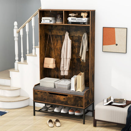 69 Inches Tall Hall Tree 4-in-1 Coat Rack with Seat Cushion and Shoe Storage
