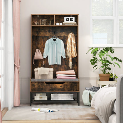69 Inches Tall Hall Tree 4-in-1 Coat Rack with Seat Cushion and Shoe Storage