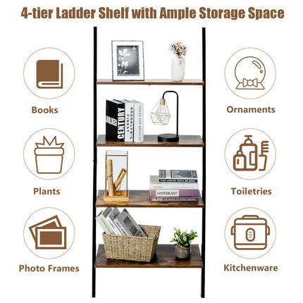 Multipurpose 4-Tier Industrial Leaning Wall Bookcase with Metal Frame