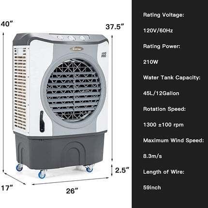 4-in-1 Industrial Evaporative Air Cooler Fan with 12 Gallon Tank and Wheels-Gray