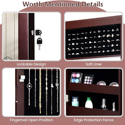 Lockable Wall Door Mounted Mirror Jewelry Cabinet w/LED Lights
