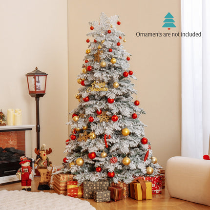 6/7 Feet Artificial Snow-flocked Christmas Tree Pre-lit Hinged Xmas Tree with 130 Twinkle Balls