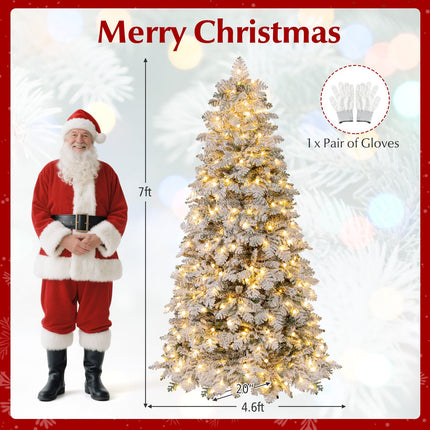 6/7 Feet Artificial Snow-flocked Christmas Tree Pre-lit Hinged Xmas Tree with 130 Twinkle Balls