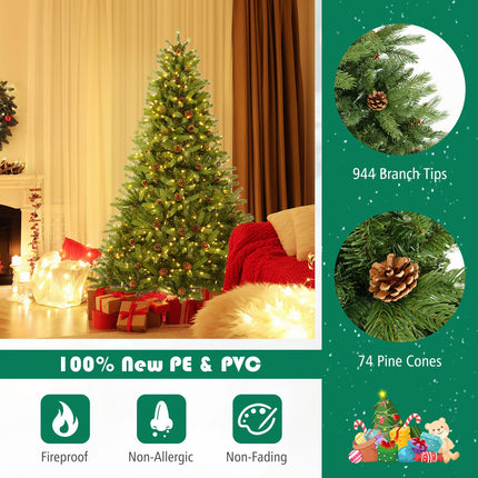 6/7 FT Artificial Christmas Tree with Pine Cones and Adjustable Brightness