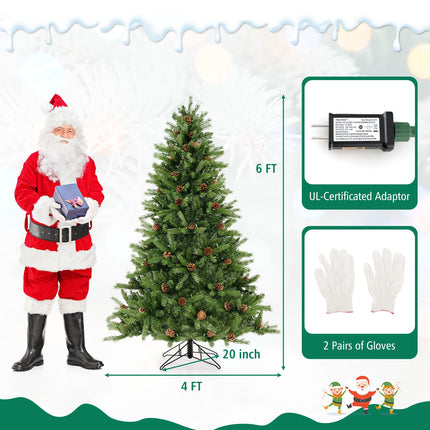 6/7 FT Artificial Christmas Tree with Pine Cones and Adjustable Brightness