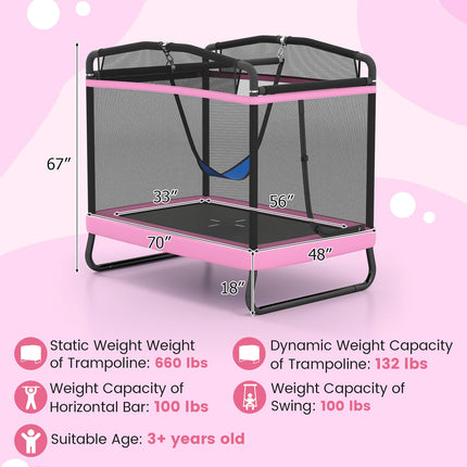 6 FT Kids Trampoline with Swing and Horizontal Bar Small Rectangle Trampoline