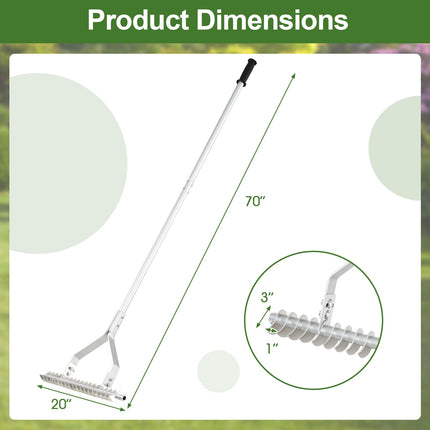 20 Inches Wide Aluminum Lawn Loosening Soil Rake with Long Handle and 19 Curved Tines
