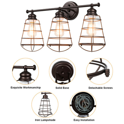 3-Light Vanity Lamp Bathroom Fixture with Metal Wire Cage
