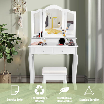 4 Drawers Wood Mirrored Vanity Dressing Table with Stool