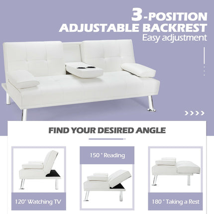 Convertible Folding Leather Futon Sofa with Cup Holders and Armrests
