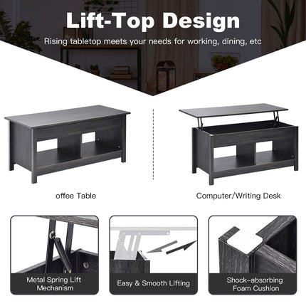 Lift Top Coffee Table with Hidden Storage Compartment and Lower Shelf for Study Room