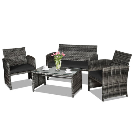 4 Pieces Patio Rattan Furniture Set with Glass Table and Loveseat-Gray