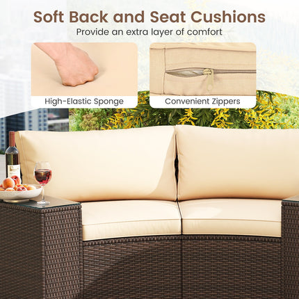 7 Pieces Patio Furniture Set PE Rattan Half-Moon Curved Sofas with Side Tables-Brown