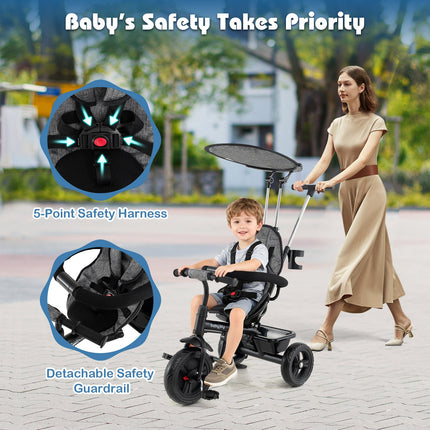 7-in-1 Baby Stroller Tricycle with Adjustable Canopy and Foldable Footrests for Ages 9-60 Months Old