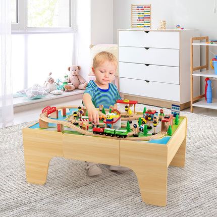 84-Piece Wooden Train and Activity Table with Reversible Top for Learning and Play