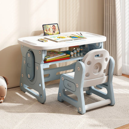 Height Adjustable Kids Table and Chair Set with Tiltable Whiteboard and Concave Shelf