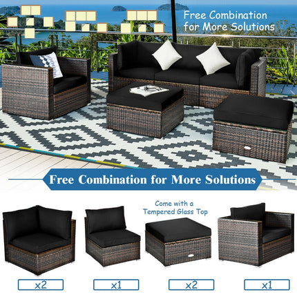 6 Pcs Patio Rattan Furniture Set with Sectional Cushion