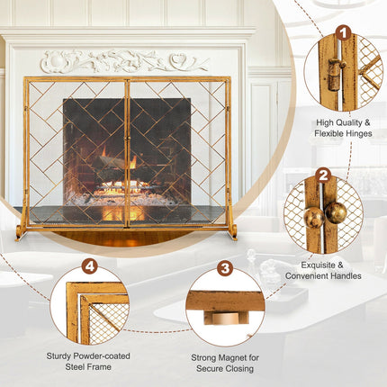 2-Panel Fireplace Screen Folding Metal Fire Place Safety Fence with Magnetic Doors