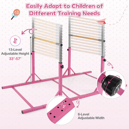 8 FT Double Horizontal Bars with 13-Level Adjustable Heights and 6-Level Adjustable Width-Pink
