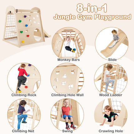 8-in-1 Indoor Jungle Gym Wooden Playground with Swing and Climbing Wall-Natural
