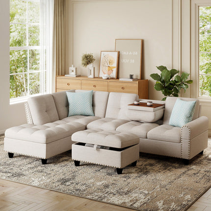 98 Inches Sectional Sofa Couch with Movable Storage Ottoman and Linen Fabric Backs