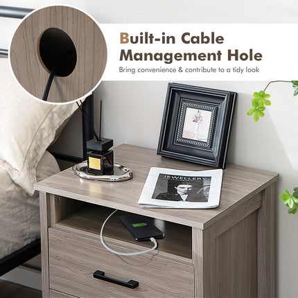 Modern Wood Grain Nightstand with Cable Hole and Open Compartment
