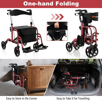 2-in-1 Adjustable Folding Handle Rollator Walker with Storage Space