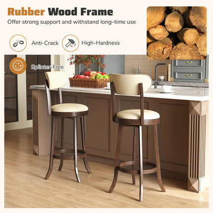 30.5 Inch Bar Height Chairs Set of 2 Swivel High Barstool with Padded Seat and Backrest-Brown