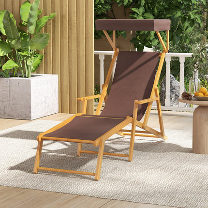 Birch Wood Chaise Lounge Chair Foldable Beach Chair with Adjustable Canopy