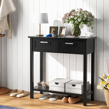 Narrow Console Table with Drawers and Open Storage Shelf