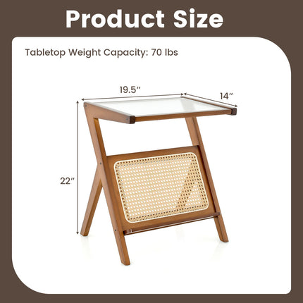Boho End Table with Magazine Rack and Tempered Glass Top