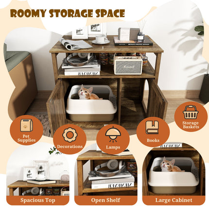 Cat Litter Box Enclosure with Double Barn Doors  Divider  Side Entry and Storage Shelf