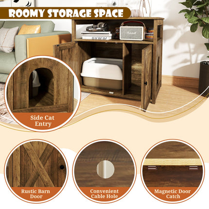 Cat Litter Box Enclosure with Double Barn Doors  Divider  Side Entry and Storage Shelf