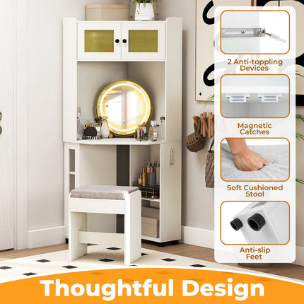 Compact Dressing Corner Vanity Desk with Mirror and Lights-White