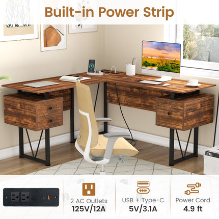 L-shaped Computer Desk with Power Outlets and 3 Storage Drawers-Rustic Brown