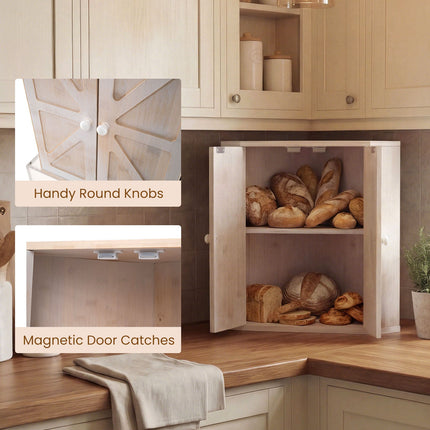 Corner Bread Box for Kitchen Counter Bamboo Double Layer Breadbox Organizer-White