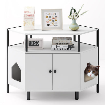 Corner Cat Litter Box Enclosure with Open Shelf 2 Entrances and Metal Legs