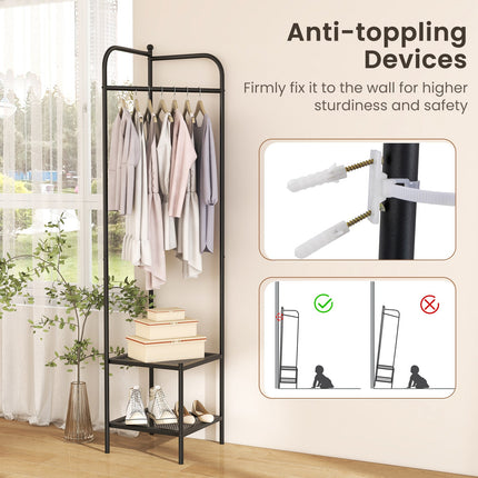 Corner Coat Rack with Top Hanger and 2 Mesh Shelves for Entryway Hallway Living Room Bedroom