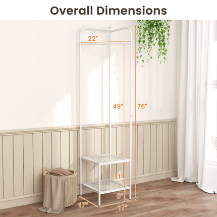 Corner Coat Rack with Top Hanger and 2 Mesh Shelves for Entryway Hallway Living Room Bedroom